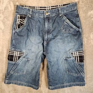 Boom-X Cargo Shorts Mens XL (16-18) Blue Excellent Plaid Trim Denim Jean Russian